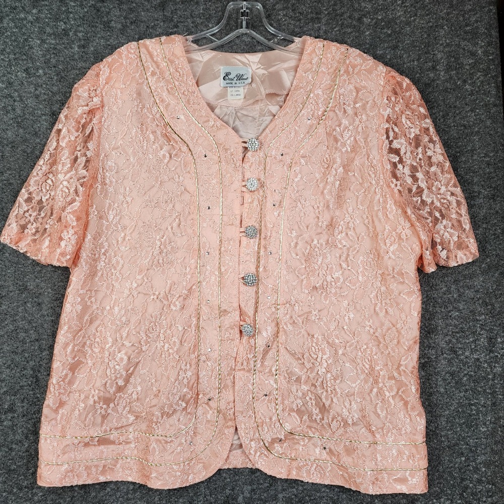 East West Lace Evening Top Women 2XL Peach Rhinestone Gold Trim Vintage USA Made